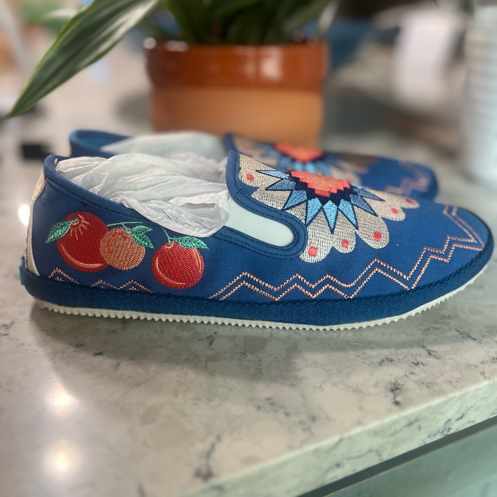Navy Blue Bohemian Flats with Floral Design - Picture 4 of 14